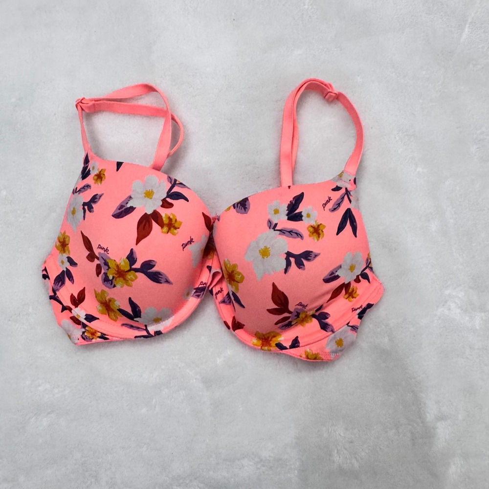 Pink Victoria's Secret Bra Women 32C Pink Floral Padded Underwire Push Up